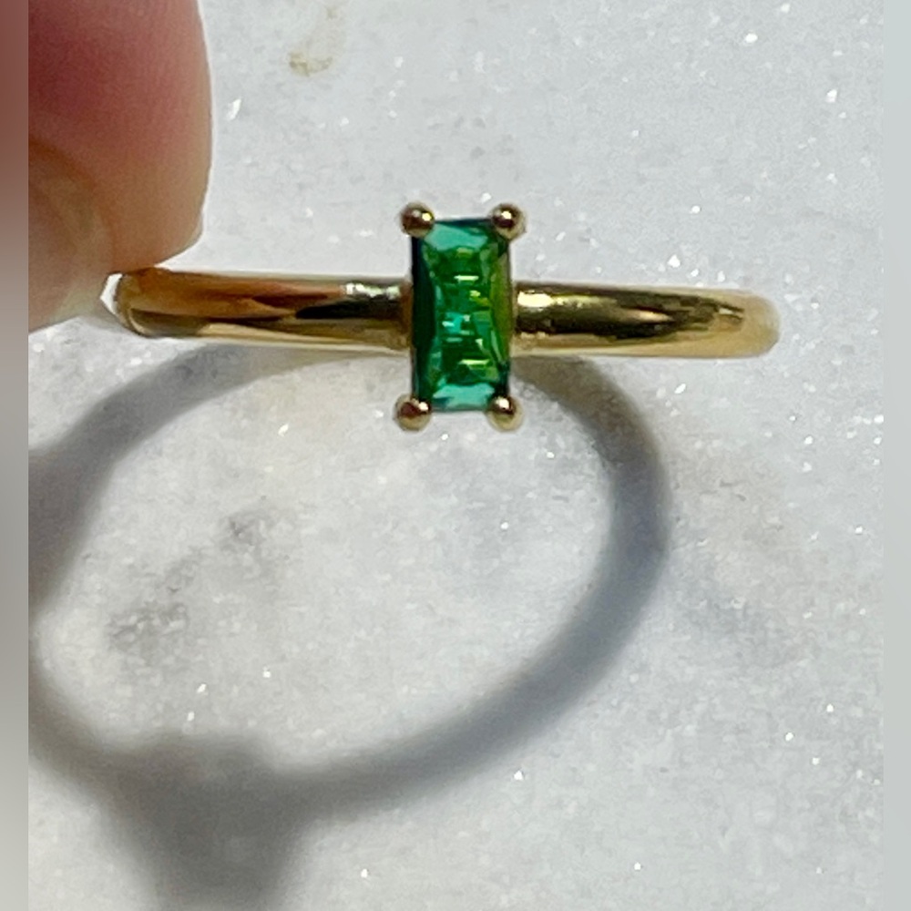 Kelly Green Rectangle Cubic Zirconia Ring Gold Plated Stainless Steel No Tarnish